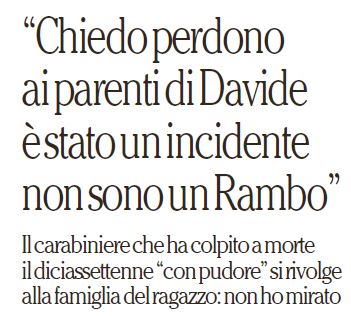 L'articolo di Repubblica in cui parla il carabiniere che ha sparato a Davide Bifolco