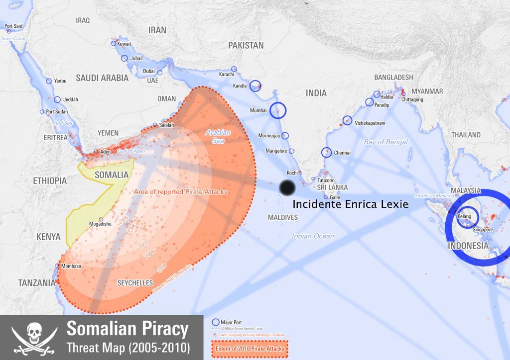 La posizione della Enrica Lexie e le zone a rischio pirateria - marò