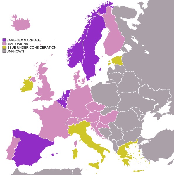 I matrimoni gay e le unioni civili in Europa (infografica da: Wikipedia)