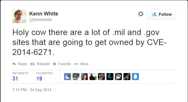 "Porca vacca!" ha twittato l'esperto di sicurezza Kenn White alla notizia della scoperta del bug (fonte: twitter.com)