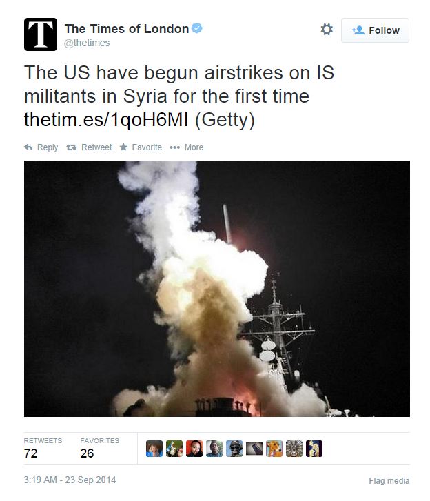 Il tweet del Times che annuncia l'inizio dei raid aerei in Siria