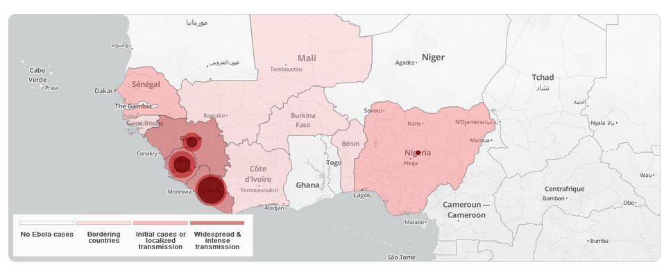 Mappa con la distribuzione dei casi di Ebola (fonte: extranet.who.int)