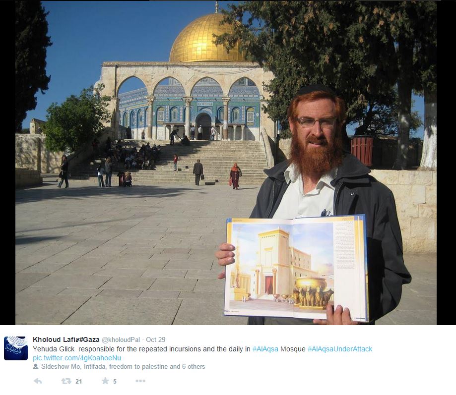 Glick durante un blitz sulla Spianata delle Moschee  in posa di fronte alla Cupola della Roccia mentre sorregge una raffigurazione del Tempio di Gerusalemme (fonte: Twitter.com)