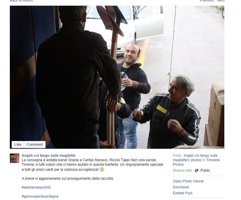 L'arrivo degli aiuti in Sardegna nel 2013 (fonte: Facebook.com)