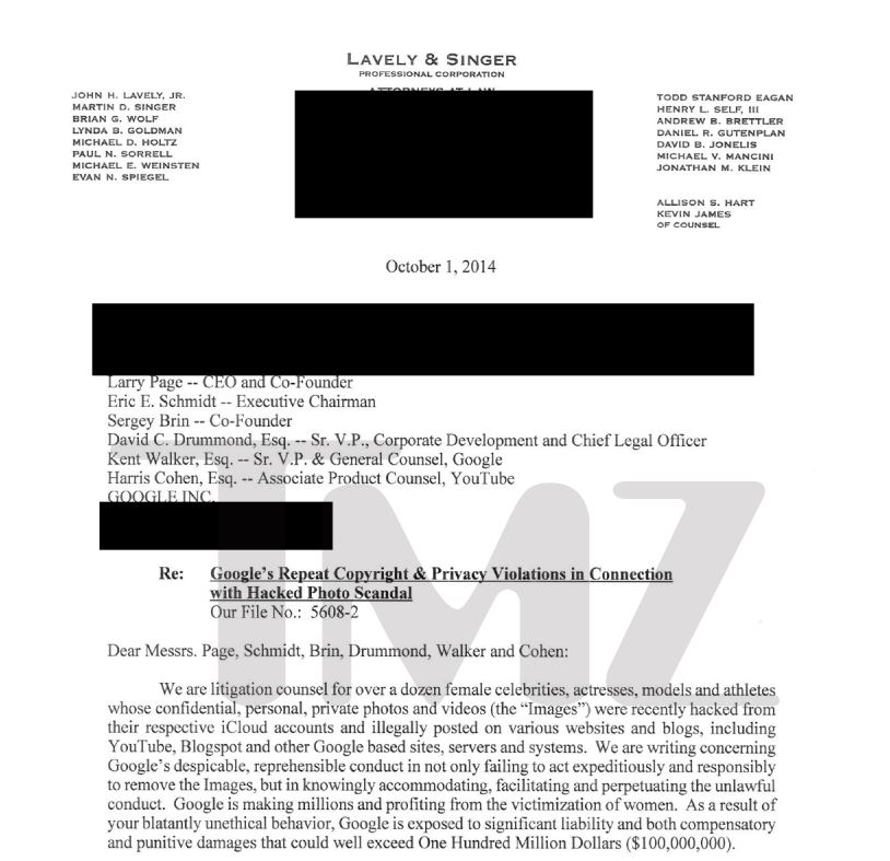 La lettera di richiesta di risarcimento indirizzata a Google (fonte: http://www.tmz.com/)