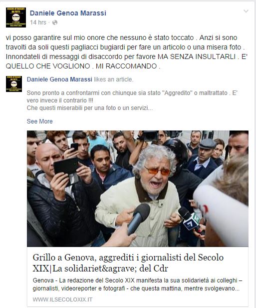 Il commento di Tizzanini sull'aggressione ai giornalisti (Fonte: Facebook.com)