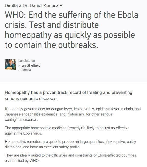 La petizione all'OMS che chiede l'utilizzo di rimedi omeopatici contro Ebola (via Change.org)