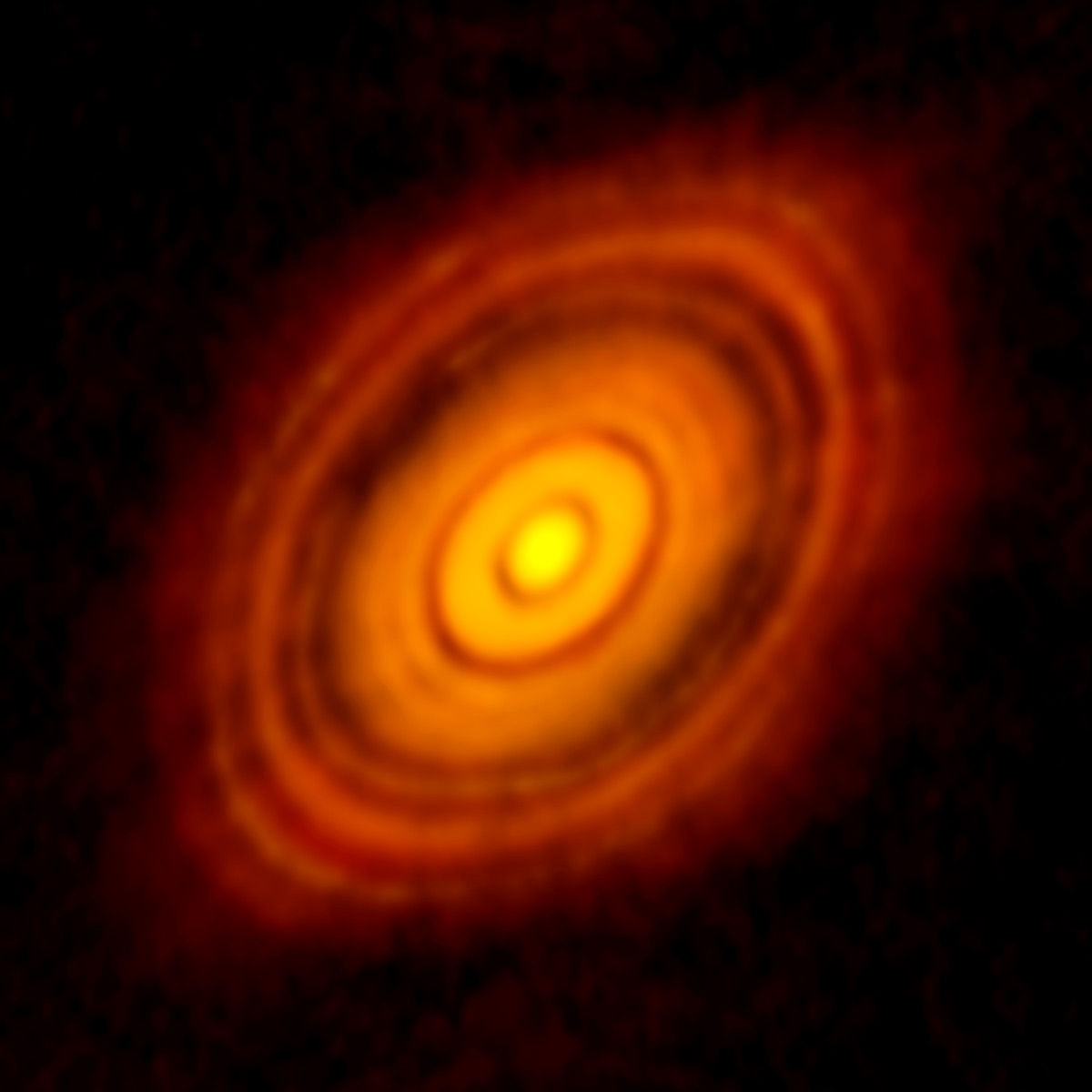 Al centro della foto la stella HL Tau circondata dai dischi protoplanetari (fonte:  https://public.nrao.edu/static/pr/planet-formation-alma.html)