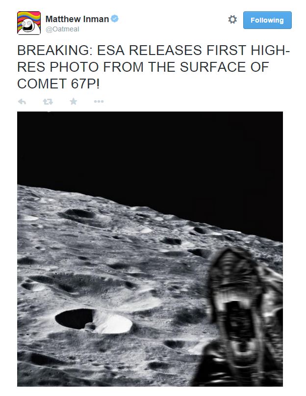Ecco la prima foto inviata da Philae stamattina. Servono altre prove? (fotne: Twitter.com @oatmeal)