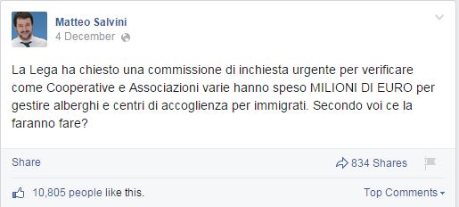 Qualcuno dovrebbe dire a Salvini da dove arrivano quei soldi. (fonte: Facebook.com)