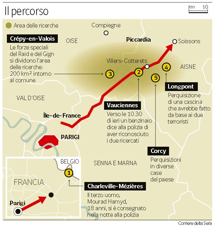 Il percorso di fuga dei fratelli Kouachi (Corriere della Sera, 9 gennaio 2015)