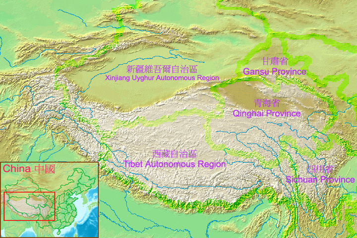 Una mappa dell'Altipiano del Tibet con i fiumi che ne dipartono per irrorare gran parte del continente asiatico (Fonte: Wikipedia.org)