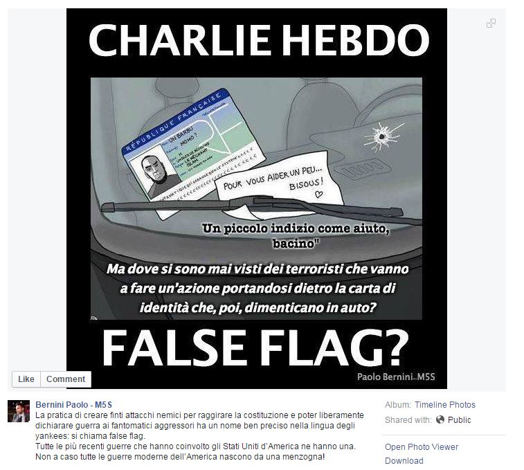 Paolo Bernini del M5S e la teoria del complotto di Charlie Hebdo (fonte: Facebook.com) 