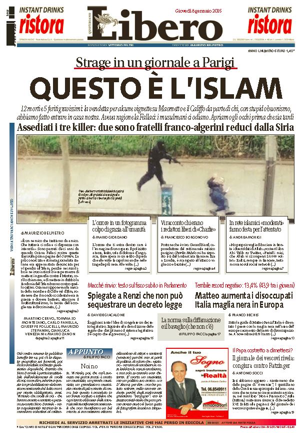 Prima pagina di Libero, 8 gennaio 2015