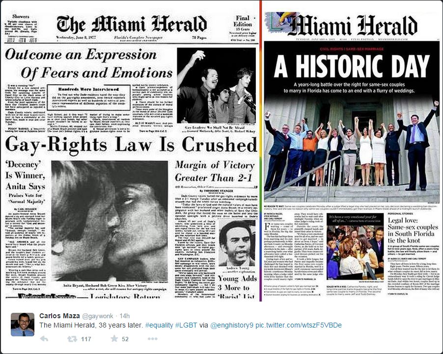 Prime pagine a confronto: a sinistra una prima del Miami Herald del 1977, a destra il 2014 (fonte: Twitter.com)