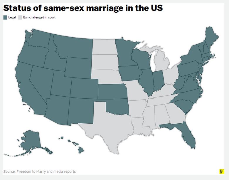 Gli stati dove è stata approvata una legge che consente i matrimoni tra persone dello stesso sesso (Fonte: Vox.com)