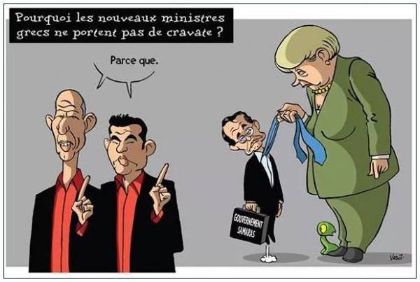 Una vignetta su Alexis Tsipras, Varoufakis, Samaras e la Merkel