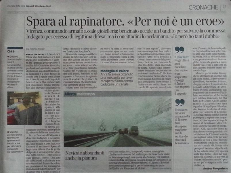 La pagina del Corriere del Veneto dedicata al benzinaio eroe di Ponte di Nanto (via Twitter.com)