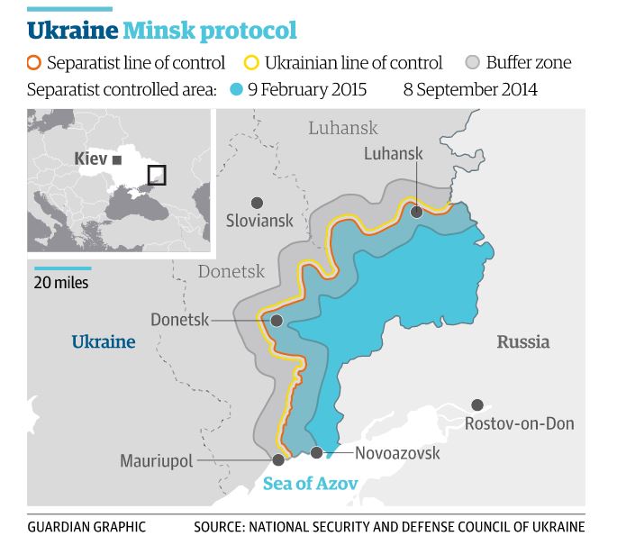 Un'elaborazione di come sarà l'area dell'Ucraina orientale in seguito agli accordi stipulati tra Russia e Ucraina (fonte: Guardian.com)