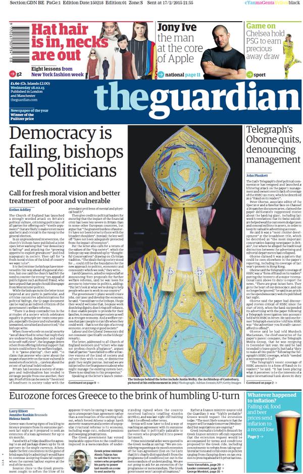 La prima pagina del Guardian con la storia di Oborne
