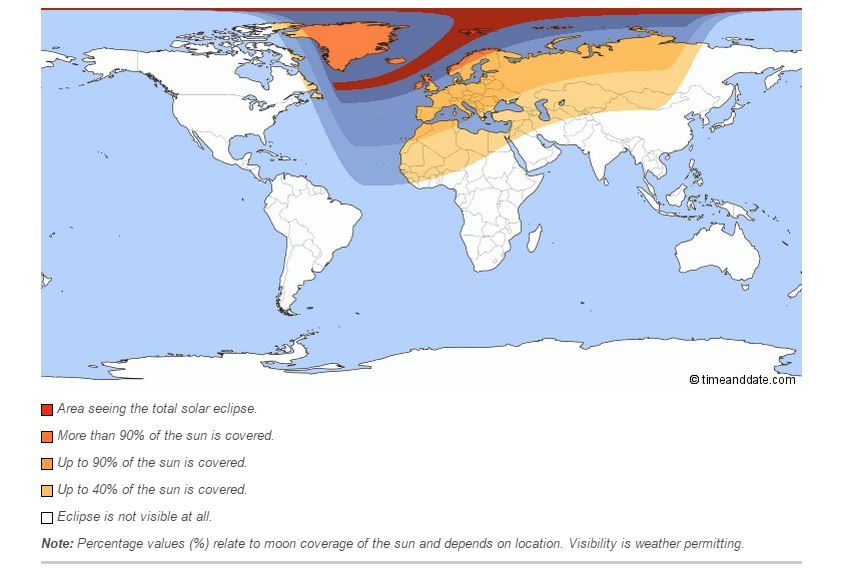 La percentuale di superficie solare oscurata dalla Luna il 20 marzo in riferimento ai punti geografici di osservazione (fonte: timeanddate.com/)