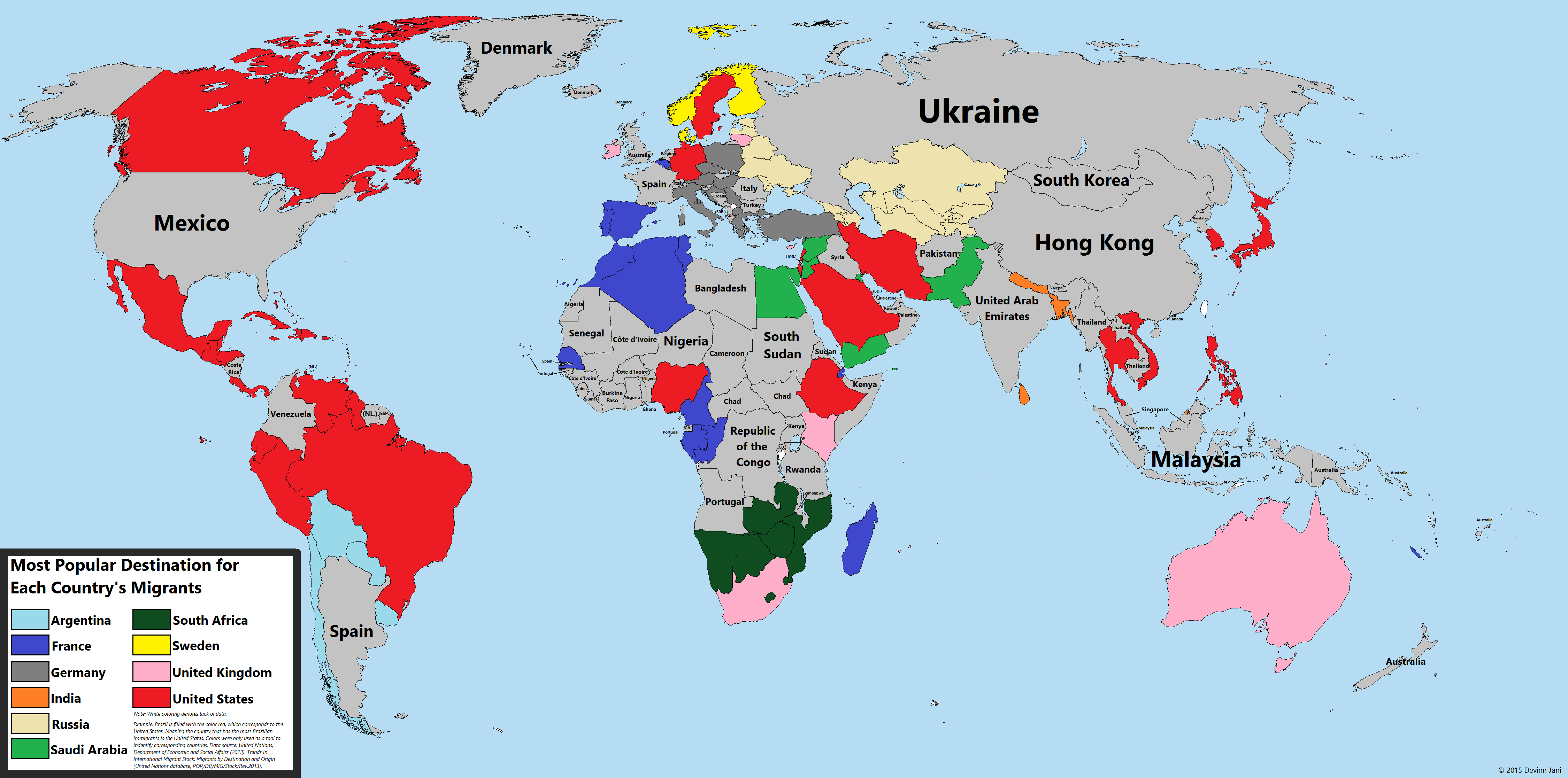 La mappa mostra per ogni paese la nazione meta del maggior numero di migranti (fonte: DMan9797 via Reddit.com)