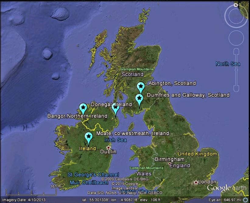 La mappa delle segnalazioni che mostra il passaggio della meteora sui cieli scozzesi e irlandesi (fonte: http://lunarmeteoritehunters.blogspot.it/)