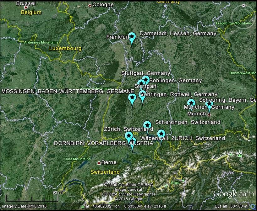 I luoghi dove è stato osservato il passaggio della meteora che ha solcato i cieli della Svizzera e della Germania meridionale (fonte: http://lunarmeteoritehunters.blogspot.it/)