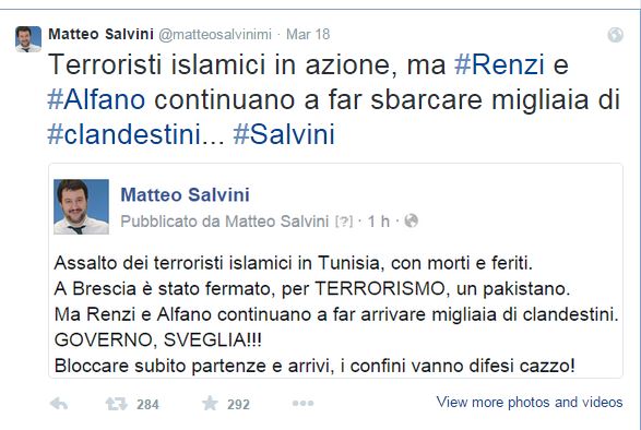 Salvini che cita Salvini che si preoccupa dell'ISIS a Brescia (fonte: twitter.com)