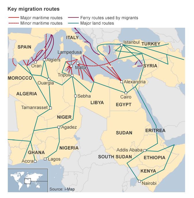 Questa mappa mostra come la Libia e i suoi porti non siano che uno dei punti di transito per i migranti (fonte: bbc.com)
