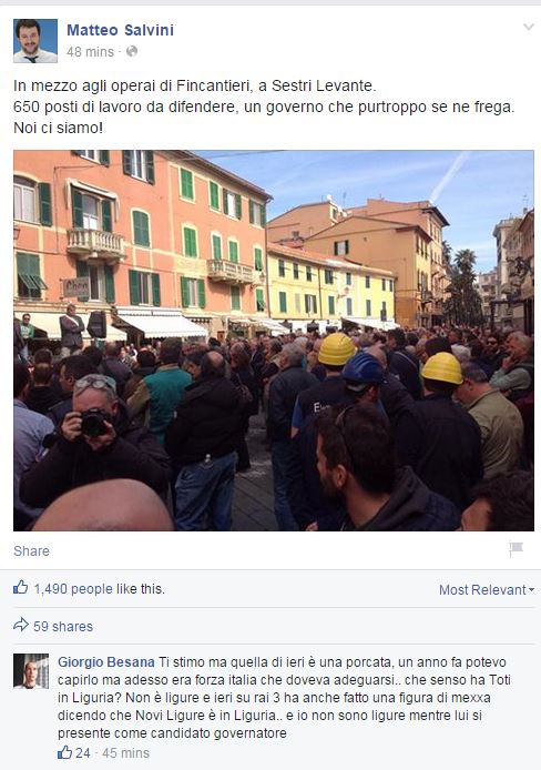 Oggi Salvini è a Sestri Levante a prendersi i fischi dei suoi (fonte: Facebook.com)