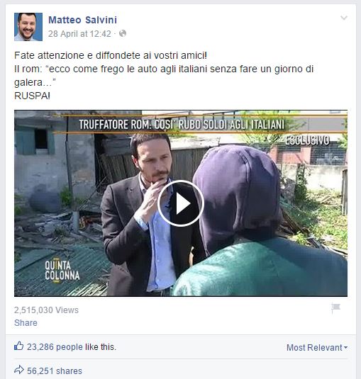 Il post di Salvini che invoca la ruspa contro un Rom incappucciato 