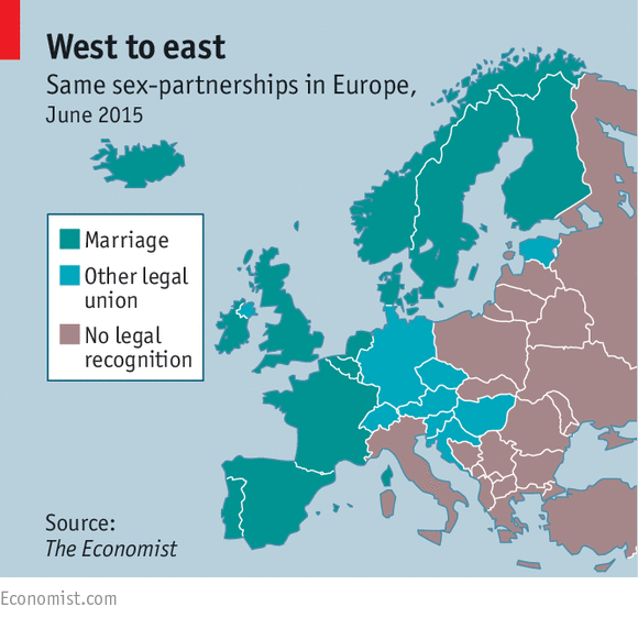 la situazioni delle unioni omosessuali in Europa (via Facebook.com/The Economist)