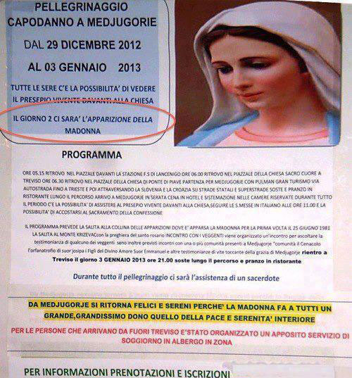 Uno dei tanti volantini che pubblicizzano le apparizioni programmate della Madonna a Medjugorje (fonte: http://www.rudybandiera.com/madonna-medjugorje-veggenti-1213.html)