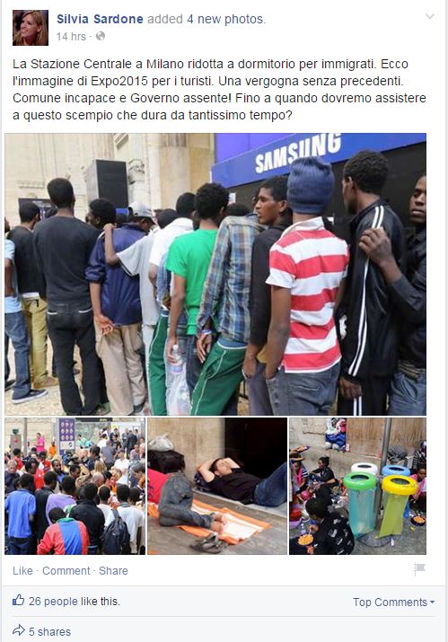 Il post della consigliera comunale di Forza Italia Silvia Sardone sulla situazione dei profughi alla stazione Centrale di Milano (fonte: Facebook.com)