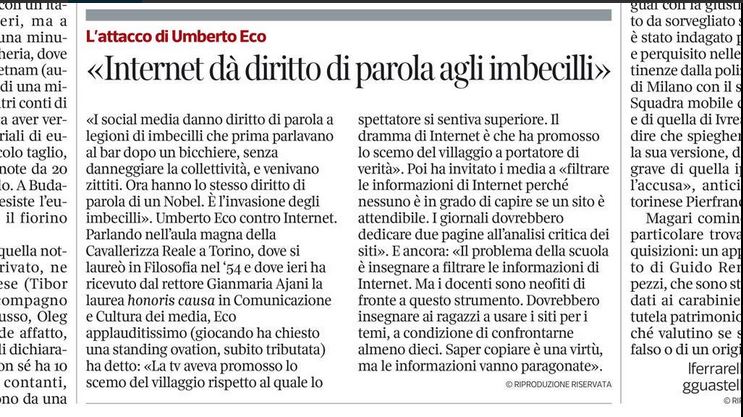 Umberto Eco e il diritto di parola agli imbecilli su Internet (La Stampa via Twitter.com)
