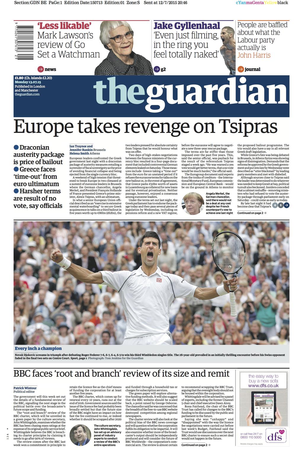 La prima pagina del Guardian di domani