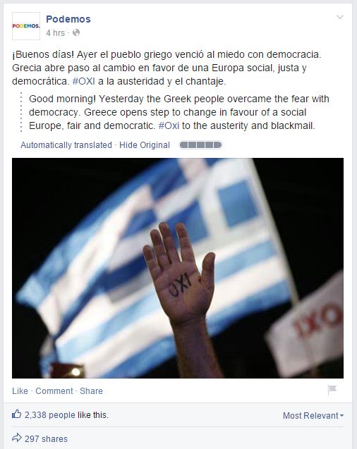 Podemos si congratula con il popolo greco