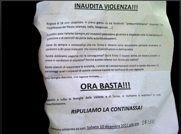 Il volantino che invitava gli abitanti del quartiere a partecipare alla manifestazione di protesta (fonte: torino.repubblica.it)
