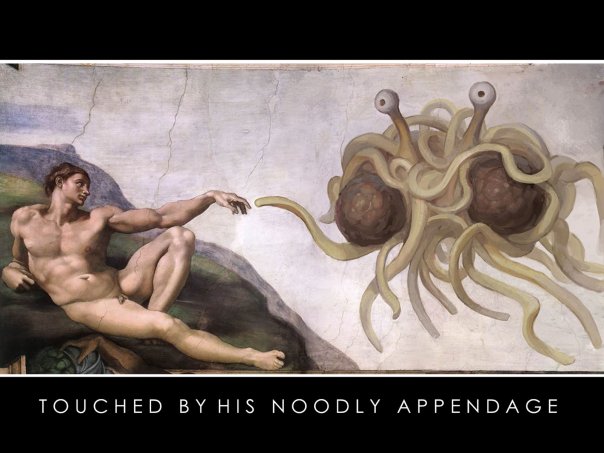 La rappresentazione pastafariana della Creazione di Adamo di Michelangelo (fonte: Facebook.com)