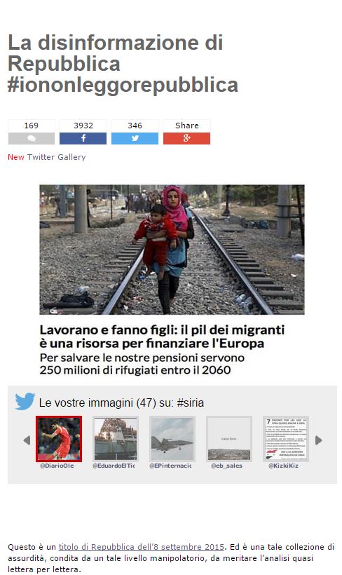 Il post pubblicato ieri da Grillo contro Repubblica e i migranti (fonte: beppegrillo.it)