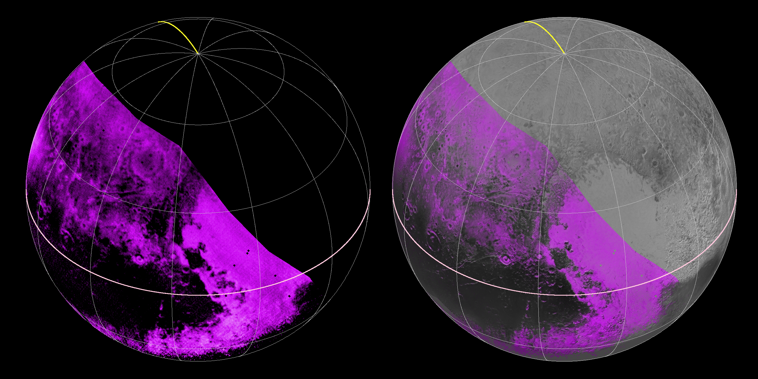 A sinistra le zone in rosa sono quelle dove è stata rilevata la presenza di metano ghiacciato. Più il rosa è acceso maggiore è la concentrazione. Le zone nere invece rivelano una totale assenza di metano. A destra l'immagine spettrografica è stata montata su una foto di Plutone (Credits: NASA/JHUAPL/SWRI)