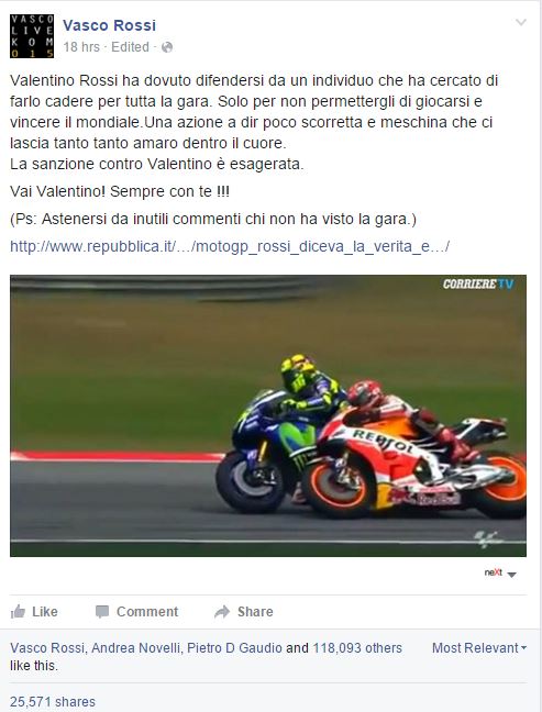 Vasco Rossi dice la sua sulla questione della MotoGP