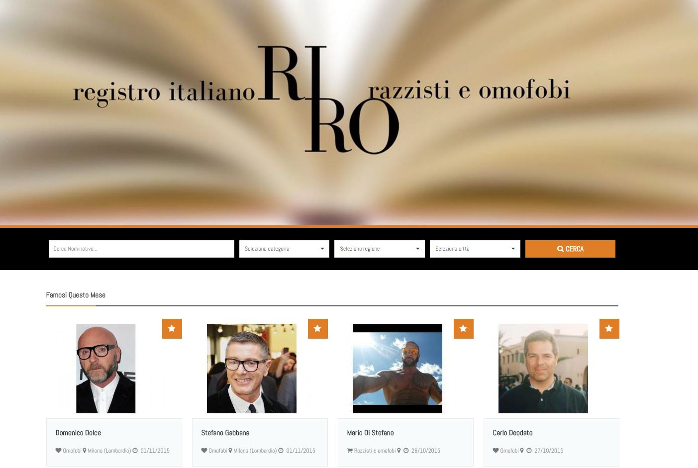 La home page del RIRO, il registro italiani omofobi e razzisti