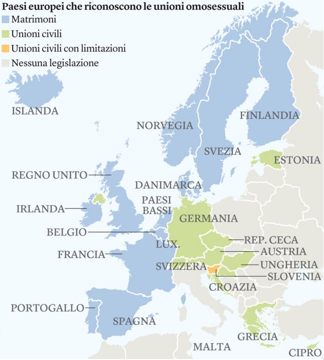 La situazione sulle Unioni Civili tra persone dello stesso sesso in Europa (fonte: