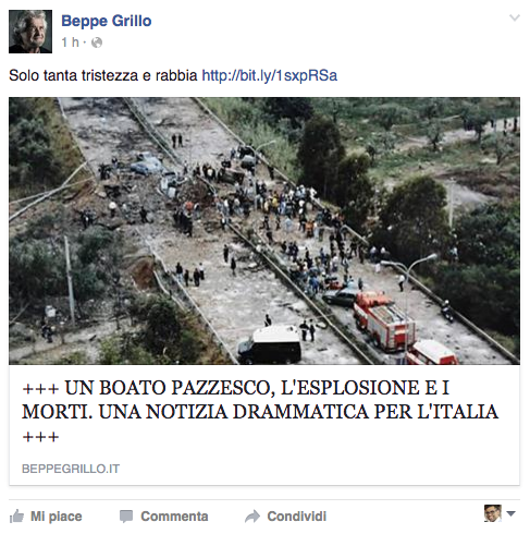 La condivisione nella pagina Facebook "Beppe Grillo"
