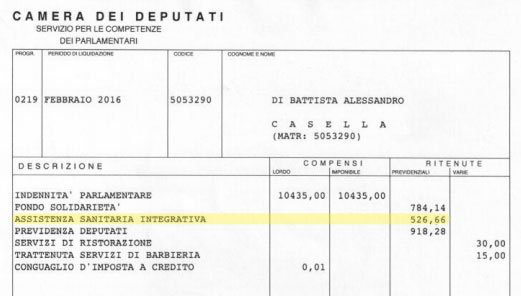 Stipendio netto Camera Deputati ad Alessandro Di Battista nel mese di febbraio 2016 e nel dettaglio la somma mensile per l'assistenza sanitaria integrativa