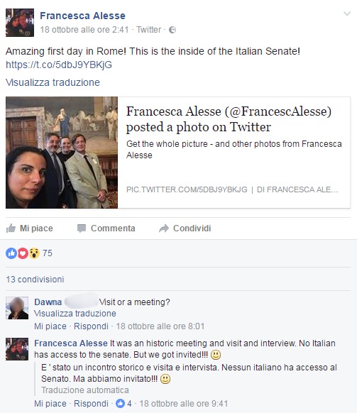 Francesca Alesse: " It was an historic meeting and visit and interview. No Italian has access to the senate. But we got invited!!!"