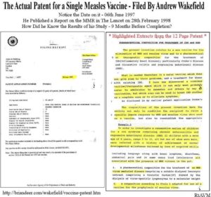 Il brevetto depositato da Wakefield nel giugno 1997 per un tipo di vaccino che "non causa autismo" quando il suo studio uscì nel febbraio 1998. L'ex medico aveva pianificato tutto